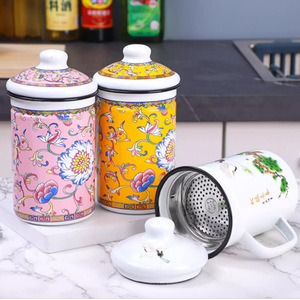 Copo de Porcelana Revestido com Esmalte com Filtro de Chá 304, Copo de Chá de Porcelana com Tampa, Copo Estilo Antigo - Product Image 1