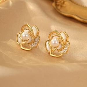 Premium Natural Shell Flower <b>Stud</b> Earrings Luxury S925 <b>Silver</b> Needle Genuine Gold Plated Rose Earrings with Zircon Stones - Product Image 3