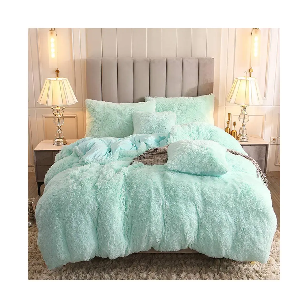 Wholesale Fluffy Shaggy Queen King Size Microfiber Duvet Cover Bed Sheet Soft Bedding Set