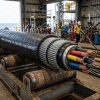 Câble hybride sous-marin dynamique PrimePro 35 kV : Alimentation moyenne tension + Fibre optique, blindé à double fil d'acier, pour l'éolien offshore et la marine