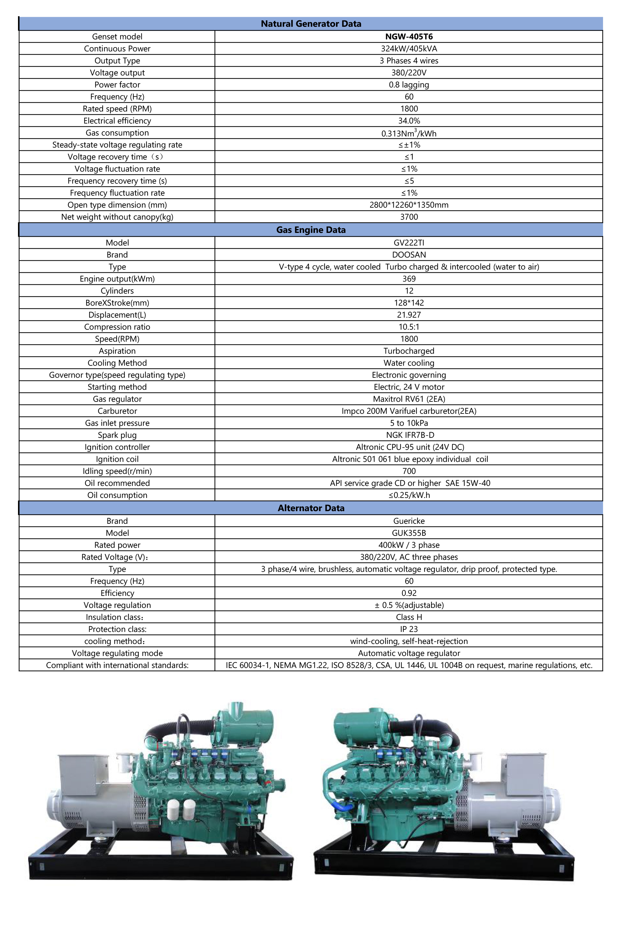 NGW-405T6 PRP 405KVA 324KW DOOSAN engine GV222TI Natural Generator