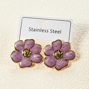 Boucles d'oreilles clous tendance multicolores en acier inoxydable avec garniture florale dorée, hypoallergéniques, bijoux pour femme, cadeau - Product Image 4