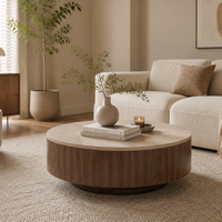 High Quality <strong>Best</strong> <strong>Selling</strong> <strong>Japandi</strong> Walnut&Travertine Texture Round Coffee Table Salon Table Durable Living Room Minimalist