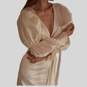 Abito <span class=keywords><strong>da</strong></span> donna in raso avorio personalizzato con scollo a V profondo e maniche a sbuffo, vestito midi premaman <span class=keywords><strong>per</strong></span> invitati a matrimoni e serate eleganti - Product Image 3