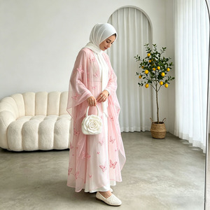 Eid Ramadan Pink Butterfly lace Embroidered Abaya <b>Set</b> Women Luxury Robe 2 Pieces <b>Modest</b> Dress Wholesale - Product Image 5