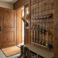 Nouveau design, support mural écologique et durable en bois brûlé pour 6 cannes à pêche, rangement pour salon et extérieur