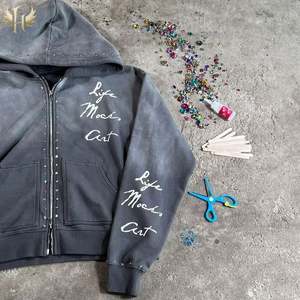 Personalizada de los hombres de 500gsm doble capucha de color Rhinestone negro Sprey lavado de gran tamaño Zip Hoodie Sun Faded Crystal Hoodie - Product Image 3