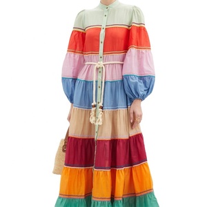 Abito lungo a strisce colorate con cintura in corda e bottoni frontali, casual da donna, a maniche lunghe - Product Image 3