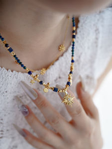 JoJo قلادة اللازورد الطبيعية مطرزة بالخرز مجوهرات علم التنجيم البوهيمي خمر مع الشمس والقمر سحر قلادة قابلة للتعديل للحفلات - Product Image 2