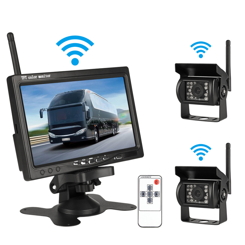 Araba yedekleme kameraları TFT monitör 7 "kablosuz araba monitörü kamyon park dikiz sistemi arka kamera lens voltaj 12 -24V
