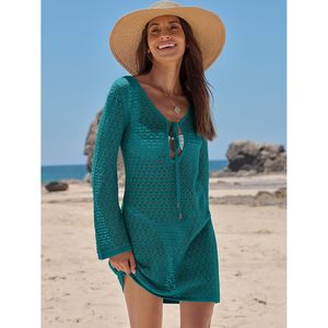 Traje de baño de ganchillo para mujer, vestido de playa de punto de malla con cuello en V y manga larga, ajustado, talla XS, ropa de verano para vacaciones - Product Image 4