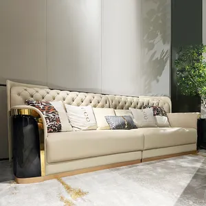Juego de sofá italiano de lujo de cuero de plumas, muebles de sala de estar, sofá seccional moderno de cuero genuino relajante