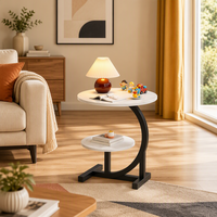 Table basse ronde moderne, portable et durable, avec rangement, table d'appoint compacte à double niveau, structure en acier carbone et plateau en bois