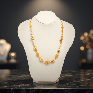 22k Gold Cute Mala Single Strand Necklace with <b>Large</b> White Pearls and Textured Gold Oval <b>Beads</b> for Women Gift - Product Image 1