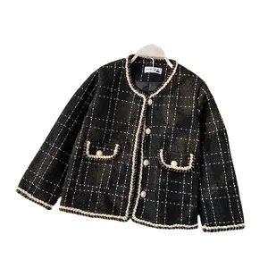 2024 nueva moda pequeño abrigo fragante abrigo corto cárdigan mujer versión coreana todo-fósforo Tweed Plaid traje suelto top