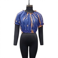 Chemise à manches courtes en coton bleu imprimé pour femmes, avec volants, col rond, décontractée, pour le printemps et l'été