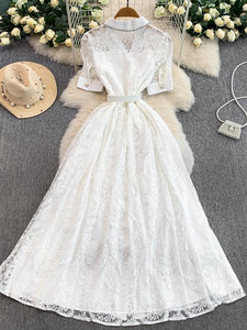 Abito Elegante in <span class=keywords><strong>Pizzo</strong></span> Stile Francese con Colletto, Vestito Basico da Donna Primavera Autunno con Fibbia <span class=keywords><strong>di</strong></span> Perle in Vita, Gonna Lunga Elegante - Product Image 4