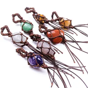 Healing Crystals brown leather rope wrapped polished tumble stone seven chakra Keychain Keyring keychains for Women mom Gifts