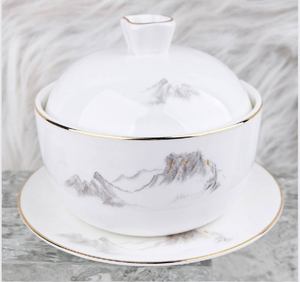 Juego de vajilla chino con decoración de paisaje de montaña dorada, borde dorado a mano, vajilla de lujo para hotel, banquete de boda, restaurante - Product Image 3