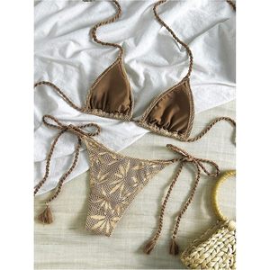 Conjunto de bikini bohemio de 2 piezas para mujer, con diseño hueco, de ganchillo, halter, con lazos laterales y corte alto, estilo cheeky. - Product Image 2