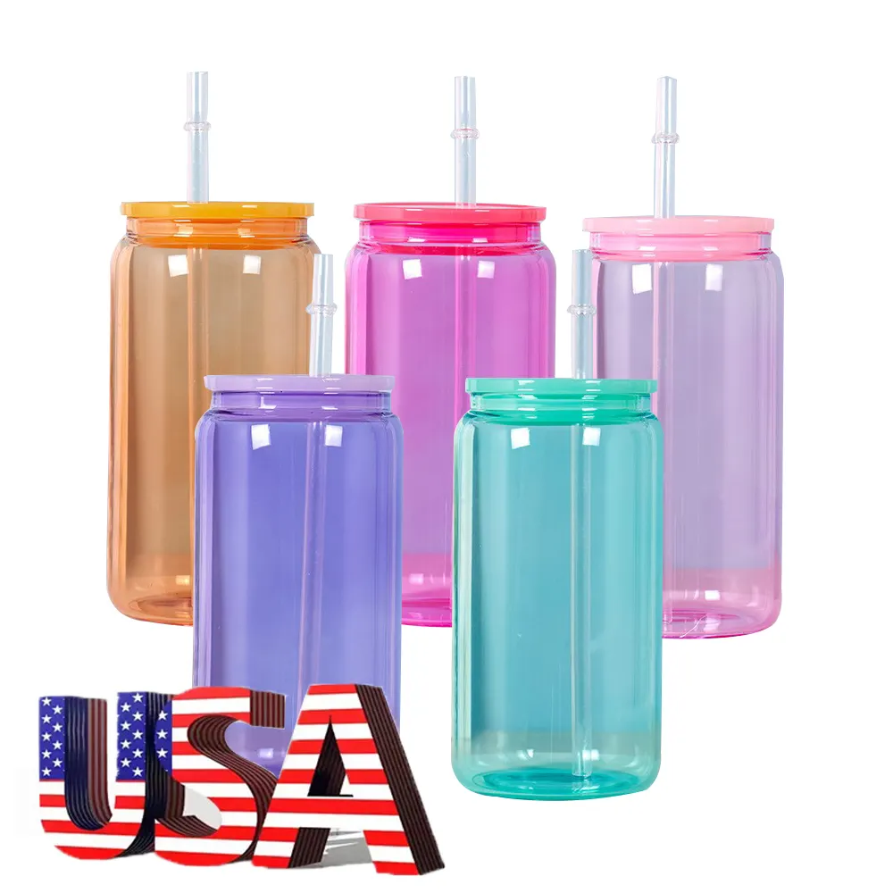 Usa Magazijn Gevuld Jelly Bier Drinkglas Kan Bekers Blanks Gekleurd Helder Sublimatieglas Blikje Met Plastic Deksel En Stro