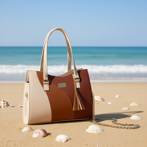 Sac fourre-tout beige en cuir Saffiano pour femme Fana Azyadeth M3733, grande capacité, avec chaîne décorative, sac à main de plage - Product Image 2