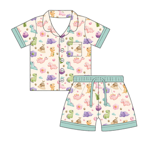 Ensemble pyjama pour enfants en soie de lait imprimée, chemise à manches courtes à col et short - Product Image 4