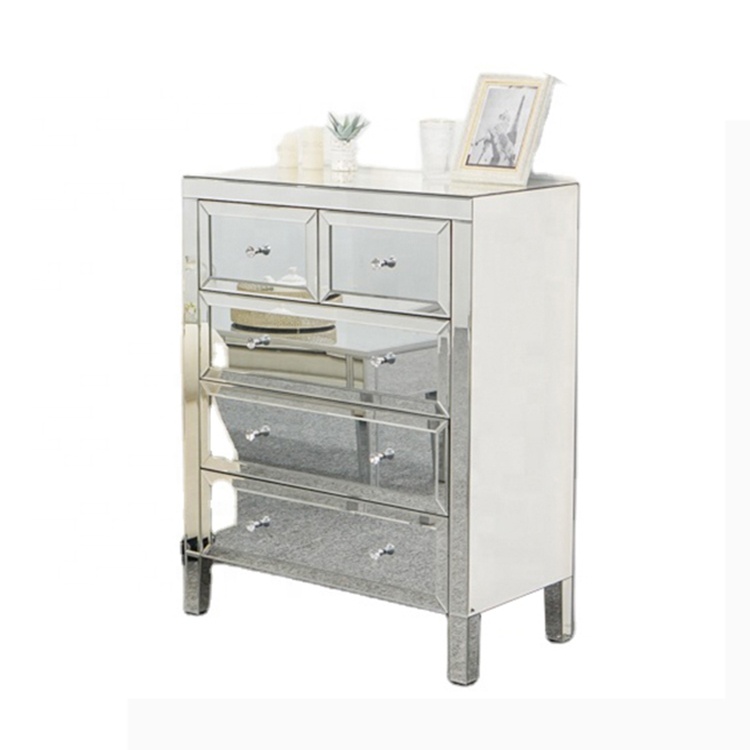 Зеркальный серебристый шкаф/консоль для гостиной с 5 ящиками в хрустальном стиле