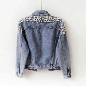 Veste en jean pour femme, grande taille, légère et respirante, à manches longues, avec logo imprimé et brodé personnalisé, rivets cloutés et perles, style mode - Product Image 3