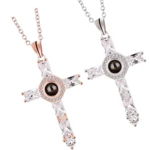 Diamond Crystal Cross Pendant necklaces Jewelry Christian Scripture Couple Photo 100 Languages i love you projection necklace