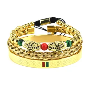 European Fashion Luxury Hand Jewelry 18K Gold Plated Stainless Steel Bangle Micro Pave Green CZ Eyes Leopard Head Bracelet Set