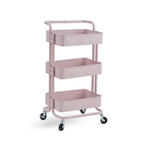 Chariot de rangement pliable à 3 niveaux en métal et plastique, avec poignée et roues, pour le transport manuel de linge et autres usages.
