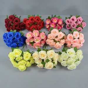 Ramo de flores de rosas de novia de tacto Real de seda de alta calidad, flores artificiales, rosas para decoración del hogar