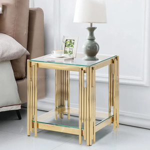 <span class=keywords><strong>Mesa</strong></span> de centro <span class=keywords><strong>redonda</strong></span> moderna, marco de metal dorado, tapa de <span class=keywords><strong>cristal</strong></span>, <span class=keywords><strong>diseño</strong></span> de dos niveles B2B para proyectos de sala de estar - Product Image 2