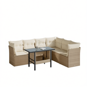 Conjunto de sofá de jardín de ratán beige con estructura de acero y vidrio templado, muebles de exterior para uso en jardín, 6 plazas, estilo contemporáneo. - Product Image 1