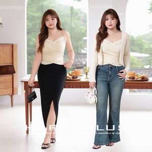 Loveny Shop – Camisole en tricot pour femmes grandes tailles, couleur vanille abricot, col en V croisé, haute élasticité, couleur unie - Product Image 5