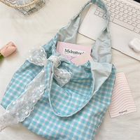 Bolsa de Mano de Poliéster a Cuadros con Logotipo Personalizado, Decoración con Cinta Blanca, Bolsa de Compras de Gran Capacidad para Mujer, Venta al Por Mayor