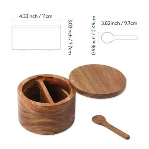 Acacia Wood Spice <b>Jar</b> With Divider 4.33inch Wooden Lid Airtight <b>Kitchen</b> <b>Storage</b> Box <b>For</b> Seasoning - Product Image 1