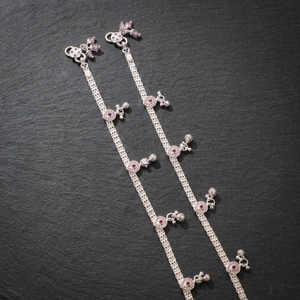 Paire de chevillères en argent sterling 925 avec pierre rose et motif floral, Ghungroo fantaisie, Payal indien traditionnel pour mariée, bijoux de pied pour femme - Product Image 3