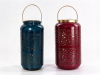 Ensemble de 2 lanternes en métal perforé, lanterne décorative cylindrique dégradée bleu foncé et rouge vin pour la décoration intérieure et extérieure