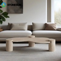 Table basse en marbre travertin StoneSun, style moderne, pour salon, en forme de boule ronde beige avec socle en pierre