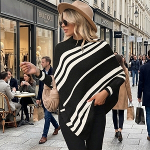 Pull en maille rayé à manches chauve-souris décontracté pour femmes, col rond, long, respirant, brodé, anti-froissement, polyester/<span class=keywords><strong>coton</strong></span> - Product Image 4