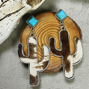 Pendientes Retro bohemios de piel de <span class=keywords><strong>Cactus</strong></span> y piel de vaca para mujer, aretes étnicos, Vaqueros occidentales, joyería de buena calidad, regalo - Product Image 4