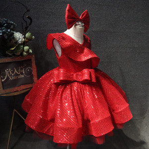 Abito Formale da <span class=keywords><strong>Principessa</strong></span> per Bambine, Rosso Brillante, Lunghezza al Ginocchio, con Paillettes Scintillanti e Dettagli in Perline, 100% Cotone, per Matrimoni e Compleanni - Product Image 3
