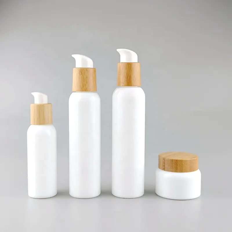 Botol Kaca Opal Bulat 30 Ml 50 Ml, Botol Kosmetik Kaca Putih 100 Ml 120 Ml Botol Serum dan Toples Krim Wajah 50 Ml dengan Bambu