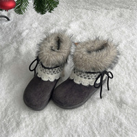 Bottes d'hiver courtes pour femmes, tige en daim, garniture en dentelle, manchette en fourrure moelleuse, cordon de serrage, semelle extérieure en caoutchouc antidérapante, bottes chaudes pour l'extérieur
