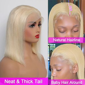 วิกผมบ๊อบแบบตรง 613  ขนาด 13x4  วิกผมแท้แบบผูกเชือกด้านหน้า  พร้อมผมเบบี้แฮร์ที่ถอนมาแล้ว  วิกผมบ๊อบสั้นสีบลอนด์ 613  <span class=keywords><strong>ผม</strong></span>แท้เรมี่สำหรับผู้หญิง - Product Image 3