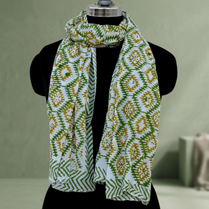 Women's Long Cotton Scarf Geometric Pattern Green Yellow White Lightweight All Seasons Daily Wear Scarves Block Printed <b>Sarong</b> - Product Image 1