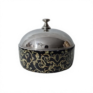Plat de service rond en bois et incrustations, avec couvercle en acier inoxydable, pour la vente en gros - Product Image 1