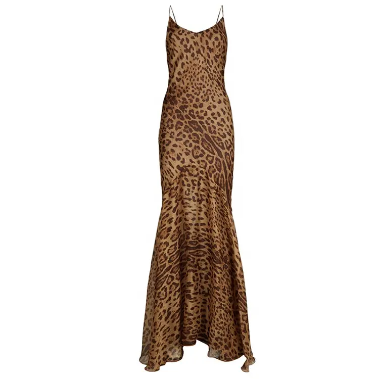 Thin fashion style spaghetti strap long brown leopard print back tie maxi bohemian v neck ruffle chiffon dress